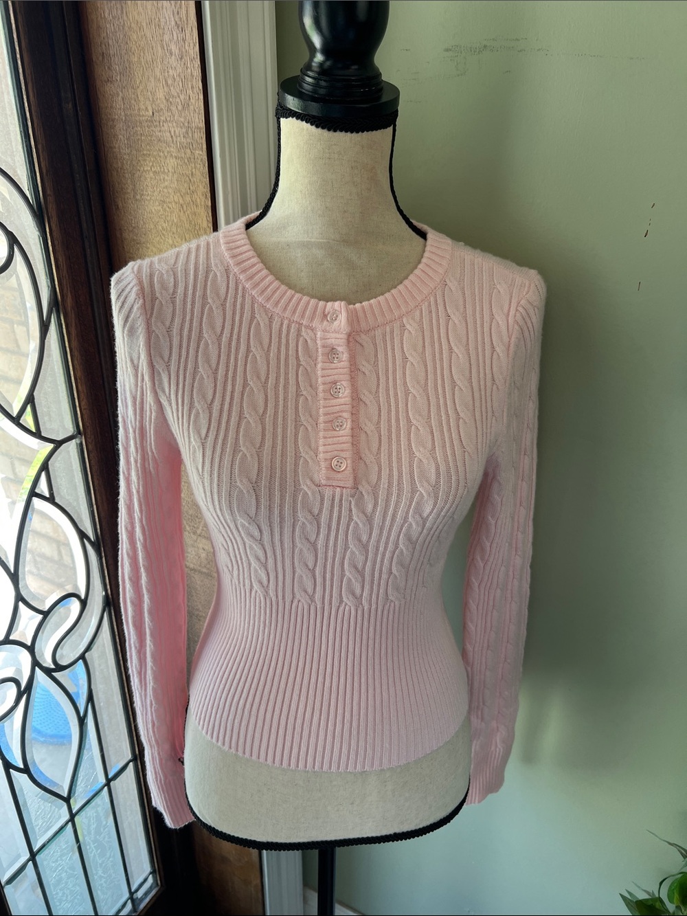 Women's Pink Cable-Knit Henley Sweater